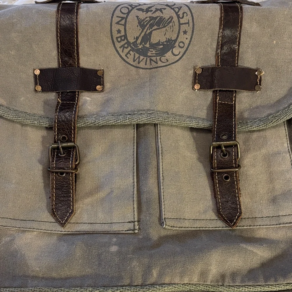 Canvas and Leather Messenger Bag - Khaki Green NWT North Coast Brewing Co Logo
